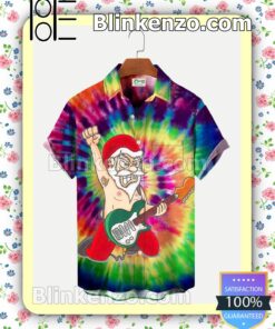 Santa Claus Playing Guitar Hippie Tie Dye Xmas Button Down Shirt