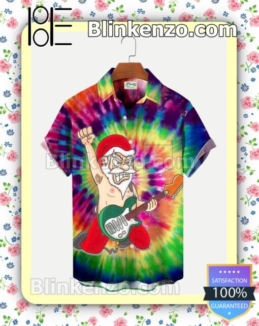 Santa Claus Playing Guitar Hippie Tie Dye Xmas Button Down Shirt