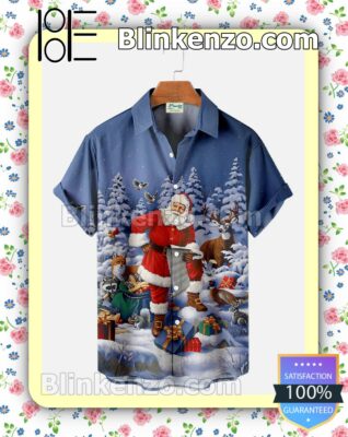 Santa Claus Snow Blue Xmas Button Down Shirt
