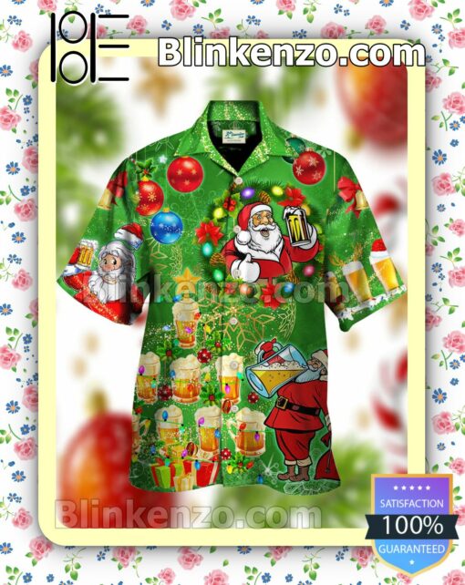 Santa Drinking Beer Christmas Green Xmas Button Down Shirt