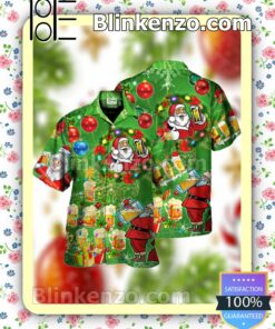 Santa Drinking Beer Christmas Green Xmas Button Down Shirt a