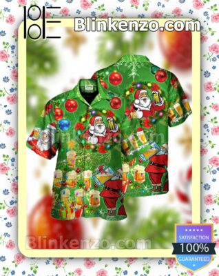 Santa Drinking Beer Christmas Green Xmas Button Down Shirt a