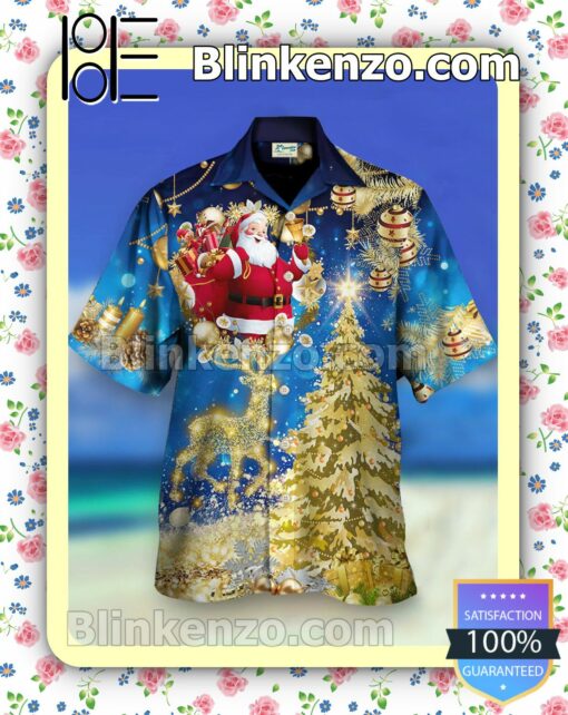 Santa Reindeer And Christmas Tree Xmas Button Down Shirt