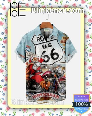 Santa Ride Motorcycle Route 66 Happy Holidays Xmas Button Down Shirt