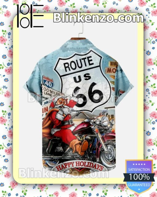 Santa Ride Motorcycle Route 66 Happy Holidays Xmas Button Down Shirt a