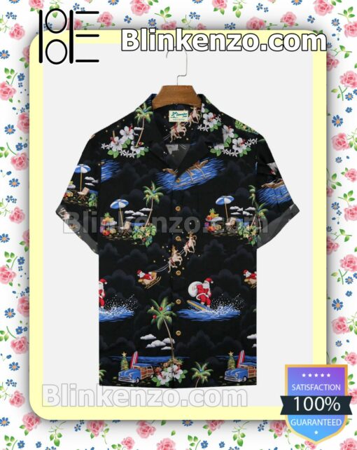 Santa Surf Elk Coconut Tree Xmas Button Down Shirt