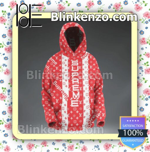 Supreme Louis Vuitton Monogram Red White Zipper Fleece Hoodie