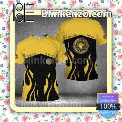 Versace Fire Pattern Black And Yellow Brand Crewneck Tee