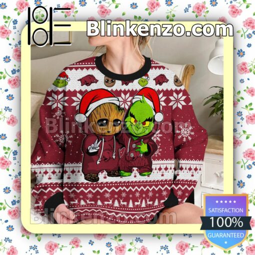 Arkansas Razorbacks Baby Groot And Grinch Christmas NCAA Sweatshirts b