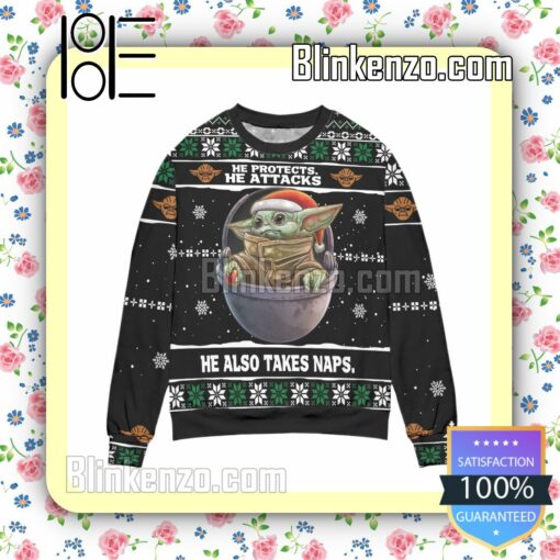 Baby Yoda He Protects He Attacks He Also Takes Naps Snowflake Christmas Jumpers