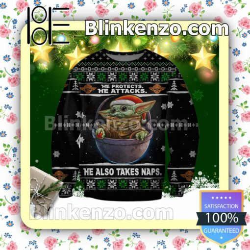 Baby Yoda Star Wars He Protects He Attacks Holiday Christmas Sweatshirts