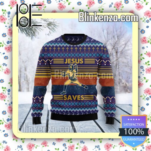 Baseball Jesus Saves Knitted Christmas Jumper