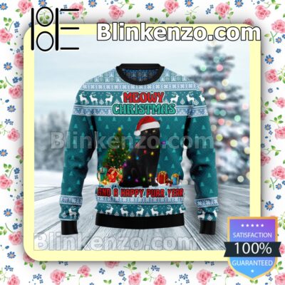 Black Cat Meomy Christmas And A Happy Purr Year Holiday Christmas Sweatshirts