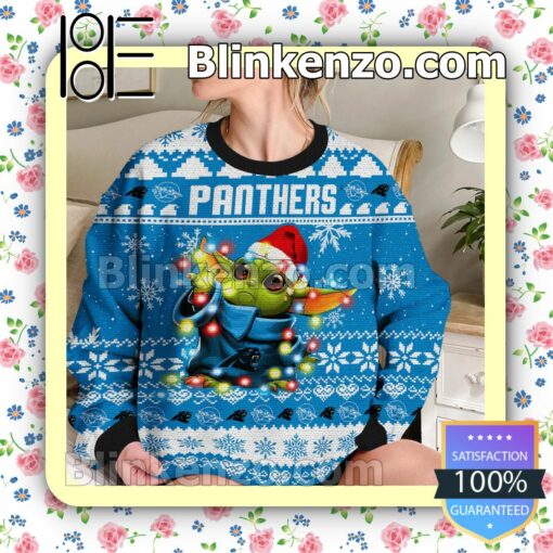 Carolina Panthers Yoda The Mandalorian Christmas Lights NFL Sweatshirts b