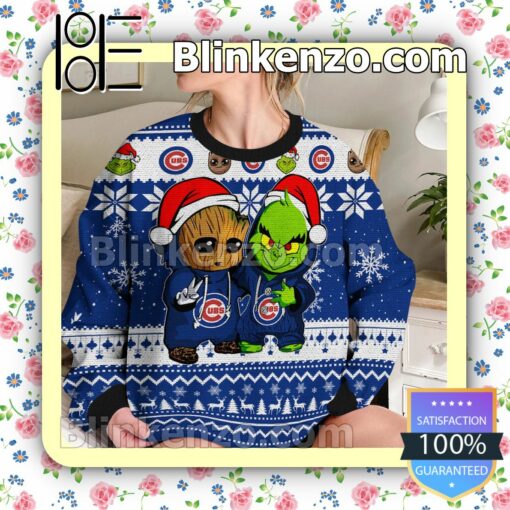 Chicago Cubs Baby Groot And Grinch Christmas MLB Sweatshirts b