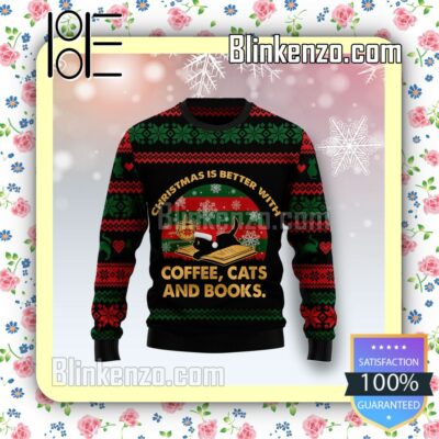 Christmas Better With Coffee Cat And Book Knitted Christmas Jumper