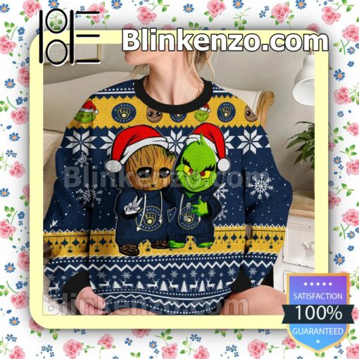 Milwaukee Brewers Baby Groot And Grinch Christmas MLB Sweatshirts b