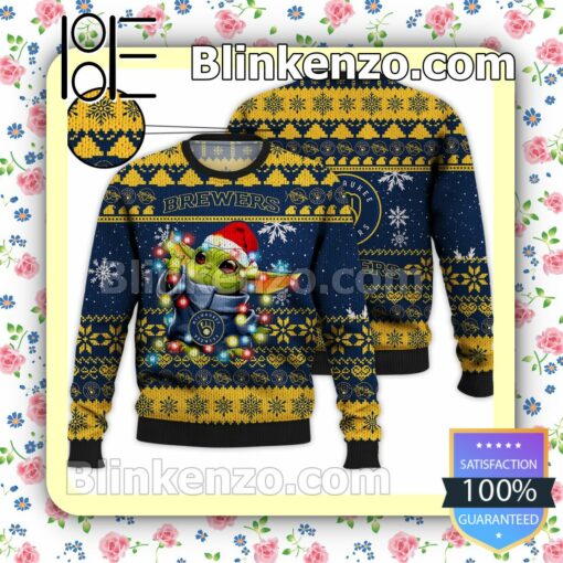 Milwaukee Brewers Yoda The Mandalorian Christmas Lights MLB Sweatshirts