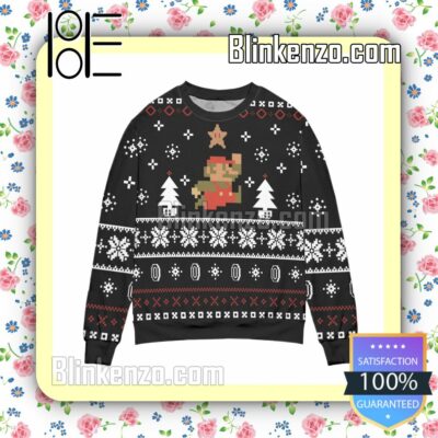 Pixel Mario Pine Tree And Snowflake Christmas Jumpers