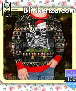 Skull Drinking Hot Coffee Christmas Pattern Christmas Sweatshirts c
