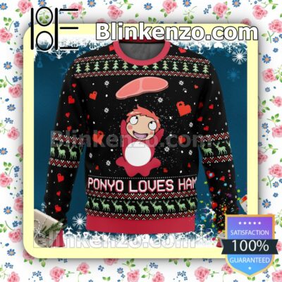 Studio Ghibli Ponyo Loves Ham Miyazaki Manga Anime Pine Tree Knitted Christmas Jumper