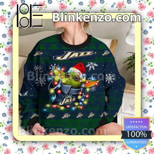 Utah Jazz Yoda The Mandalorian Christmas Lights NBA Sweatshirts b