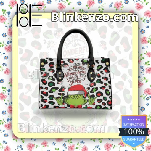 Grinch It's The Most Wonderful Time Of The Year Leather Totes Bag b