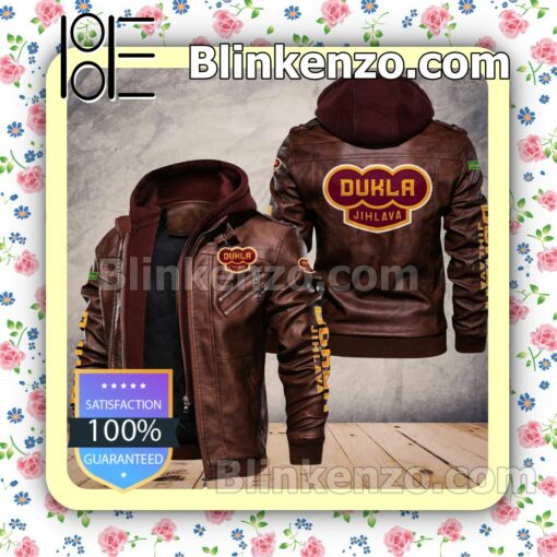 HC Dukla Jihlava Men Leather Hooded Jacket a