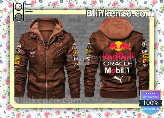Red Bull Oracle Mobil 1 Men Leather Hooded Jacket