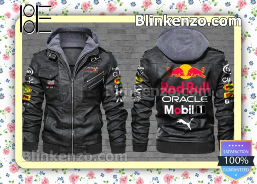 Red Bull Oracle Mobil 1 Men Leather Hooded Jacket a