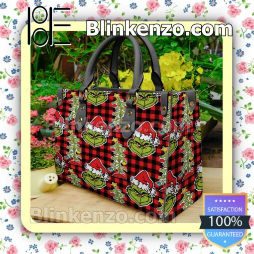 The Grinch Black And Red Plaid Leather Totes Bag