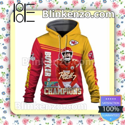 Harrison Butker 7 Kansas City Chiefs AFC Champions Pullover Hoodie Jacket a