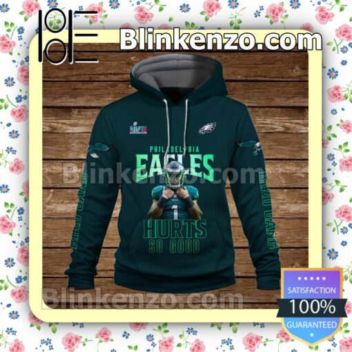 Jalen Hurts 1 Hurts So Good Champs 2023 Philadelphia Eagles Pullover Hoodie Jacket a