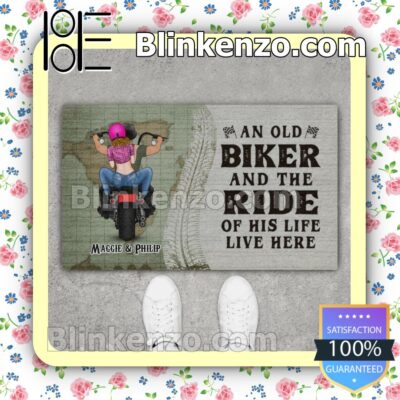 An Old Biker And The Ride Of His Life Live Here Personalized Entryway Mats b